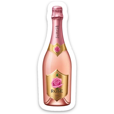 bottle of sparkling rosé with a rose logo on the label, tilted up and to the left, no glass sticker