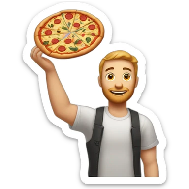 "White man with a tattoo and a pizza in his hands, arms out to the sides, 'why us?'" sticker