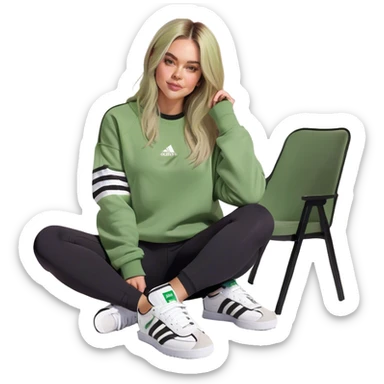 Girl long bright blonde highlighted hair middle part with rosy cheeks and plump mauve lips green eyes and wearing a white sweatshirt and black leggings with black and white adidas OG Samba sneakers sitting in a cozy chair posing with legs over the side of chair  sticker