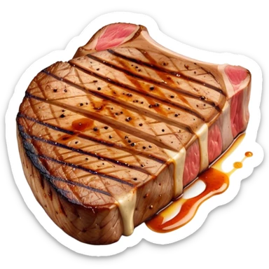 Cinematic thick-cut scotch t-bone steak, perfectly seared with grill marks, a grilled center, rich and savory, warm glow, sizzling and mouthwatering, highly detailed and appetizing. sticker