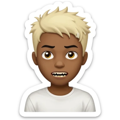 Black Male Teenager with Short punk messy blonde hair, Dark brown bushy eyebrows large expressive golden-brown eyes, wearing a plain white t-shirt, Dark Brown skin color. vampire tooth sticker