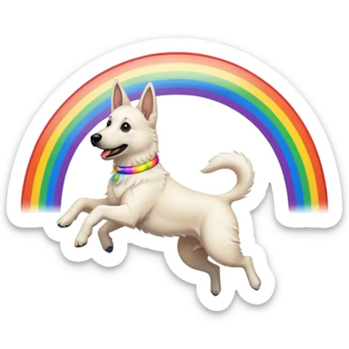 White belgian Shepard jumping over Rain puddles. There is a rainbow in the sky sticker