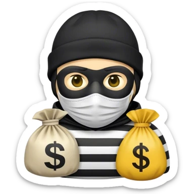 A Robber Emoji, the robber is Male, has a Black Beanie hat, has a shirt with black and white stripes, a black mask thing around his eyes, and a yellowish money bag on his right shoulder, we can only see his upper body from his chest and his face sticker