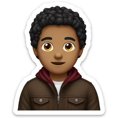 dark hispanic boy, tight to the head black brown hair, brown eyes, brown jacket, burgundy sweater sticker