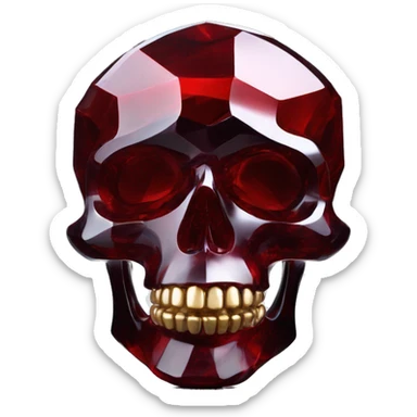 glass sculpture skull with a geometric, faceted design. The skull is standing upright on a base with angular and baroque features. The vibrant dark shade and red highlights the sharp edges and planes sticker