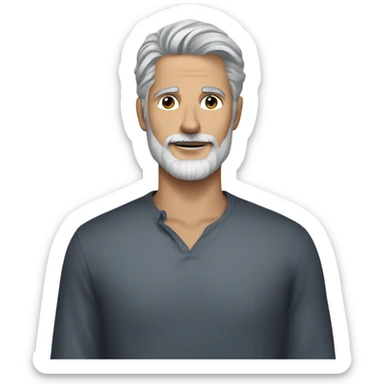 Handsome man, with blue eyes, grey hair, and grey goatee beard, holding a long haired black chihuahua sticker