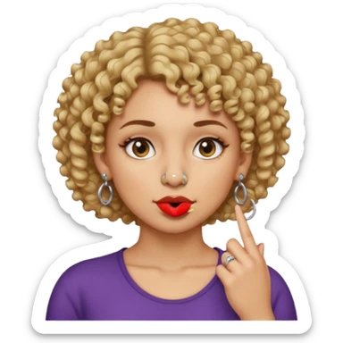 faça uma mulher com o cabelo curtinho cacheado com piercing no nariz e brincos e o dedo indicador no canto da boca sticker