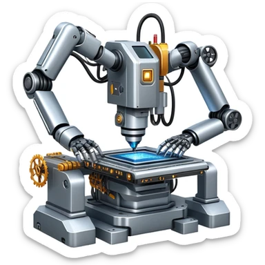 An icon featuring a giant robotic machine welding a large microchip with a laser, using two robotic arms. The design includes circuit boards, gears, and technical schematics, symbolizing advanced engineering and automation. Transparent background highlights the fusion of technology sticker