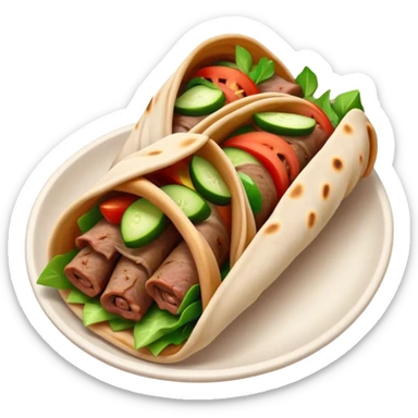 Cinematic Realistic Gyros Dish Emoji, showcasing succulent, spiced meat wrapped in pita with fresh vegetables rendered with lifelike detail and dynamic, appetizing lighting. sticker