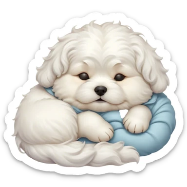 Cinematic Chubby Sleeping Wavy-Haired Maltese Dog Portrait Emoji, Chubby and serene, with a round, adorable build and a soft, wavy-haired white coat, eyes gently closed in peaceful slumber, Simplified yet irresistibly endearing features, highly detailed, glowing with a gentle, dreamy glow, high shine, relaxed and content, stylized with a touch of whimsy, bright and heartwarming, soft glowing outline, capturing the essence of a blissfully sleepy companion, so comically serene it feels like it could roll out of the screen and snore with adorable charm! sticker