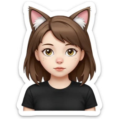 a girl with pale skin, medium length brown hair with lots of dandruff , cat ears and a tail, with a black t-shirt on sticker