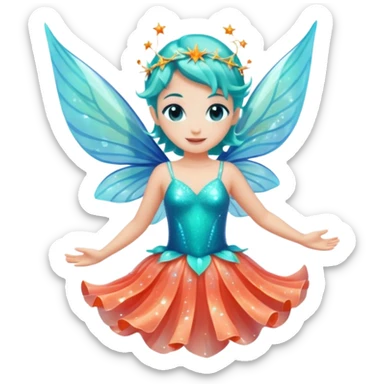 portrait of a small ocean fairy with translucent fins for wings, turquoise skin, coral-like dress, floating above water with sparkles around, joyful pose, front-facing, magical vibe sticker