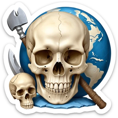 An icon featuring a human skull and fossilized bones, symbolizing the study of anthropology. The design includes archaeological tools like a pickaxe and brush, with a background of ancient artifacts and a globe. Transparent background emphasizes the exploration of human history and evolution. sticker