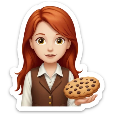 white girl scout with red long hair selling cookies with a brown vest and white shirt under vest. She should be around 10 years old sticker