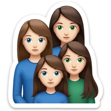 Three people total: Two girls brunette one with straight long hair and blue eyes one with curled hair middle length and green eyes and the other a boy lighter brown with blue eyes  sticker