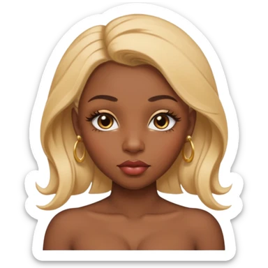 darkskin female with eyebrows that are naturally shaped and frame eyes well, eyes that are almond-shaped with defined lashes. nd lips are full with a defined cupid’s bow, add also a septum piercing that adds an edgy, stylish flair. a middle-part, honey blonde bust-down with laid baby hairs sticker