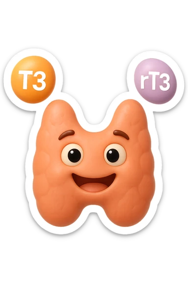 EMOJI STILE IPHONE 3D DI ormoni tiroidei (T3 ed rT3) che fluttuano in aria intorno ad una tiroide felice, iperrealistico 4k sticker