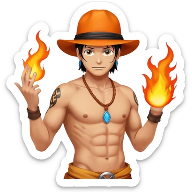 Portgas D. Ace with orange hat, shirtless with ASCE tattoo, fire powers sticker