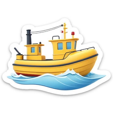 A 3D cartoon tugboat towing another boat on calm blue water, soft waves, clear sky, Memoji-style. sticker
