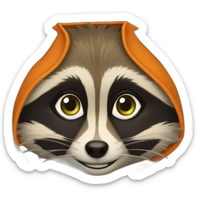 brown raccoon with orange eyes and a dark green hood that is smiling sticker