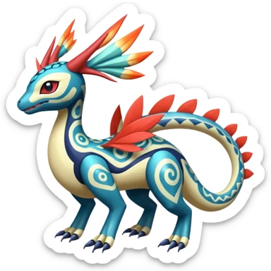 zig-zag-patterned tribal tropical hot spotted Meloetta-Dialga-Salamence-Giratina-Noibat-Pokémon-Fakémon-fusion-hybrid-creature sticker