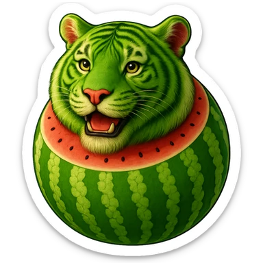Edit the watermelon tiger character to have a happy, smiling expression. Keep the transparent background. sticker