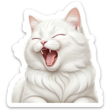 Cinematic Cute Yawning White Cat Portrait Emoji, Head gently tilted with an endearing, wide-open yawn and softly closed eyes, showcasing a pristine white fur with delicate hints of silver, simplified yet irresistibly adorable, highly detailed, glowing with a tender, cozy radiance, high shine, exuding sleepy charm and gentle affection, styled with a soft glowing outline, capturing the essence of a white cat caught mid-yawn, radiating pure, adorable lethargy! sticker