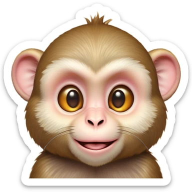Cinematic Cute Macaque Portrait Emoji, Head tilted playfully and inquisitively, with a charmingly mischievous face accented by soft, fuzzy fur and round, sparkling eyes filled with curiosity, Simplified yet irresistibly adorable features, highly detailed, glowing with a warm, friendly glow, high shine, affectionate and lively, stylized with a touch of primate whimsy, bright and endearing, soft glowing outline, capturing the essence of a playful macaque that seems as if it could jump out of the screen into your arms! sticker