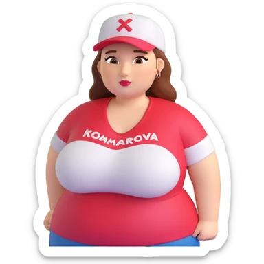 A plus-size woman with a cap that says "Komarova", make her even more plus-size. sticker
