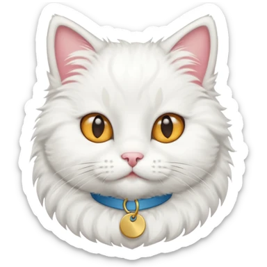 A WHITE CAT with a name tag that says mat sticker