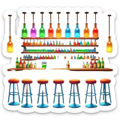 A 3D cartoon bar interior with a counter, glowing shelves of colorful bottles, tall stools, and hanging lights, warm ambient lighting, realistic reflections, Memoji-style. sticker