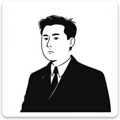Portrait of a North Korean man, serious and stern, official portrait of a chief engineer at a shipyard, wearing formal dark clothing, neutral background, restrained style, DPRK propaganda style portrait, minimalist, masculine, confident gaze sticker