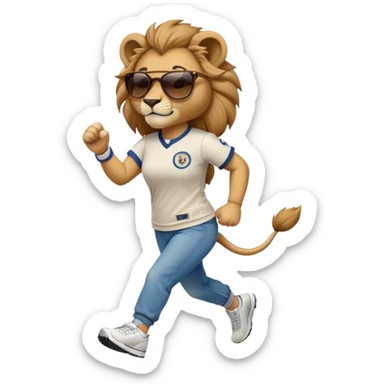 friendly anthropomorphised female lion wearing a baseball shirt, jeans, trainers, dark sunglasses, jogging upright, looking dominant and confident sticker