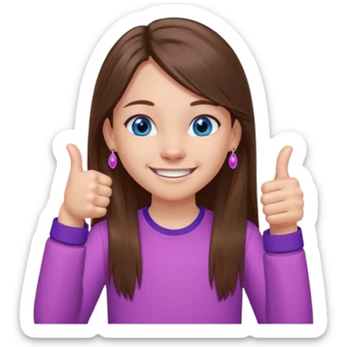 11 year old girl, blue eyes, brown long ish straight hair, smile and two thumbss up with purple STUD earings and a pink shirt, and that you can see my whole body, and no teeth in my smile sticker