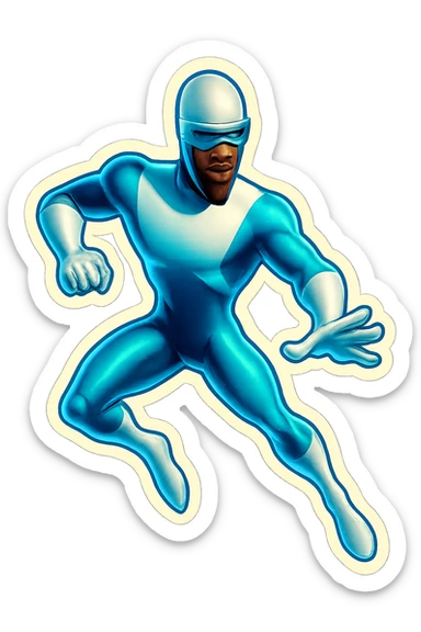 Frozone-inspired superhero, cool sunglasses, action stance, icy blue and white color scheme, retro sticker style sticker