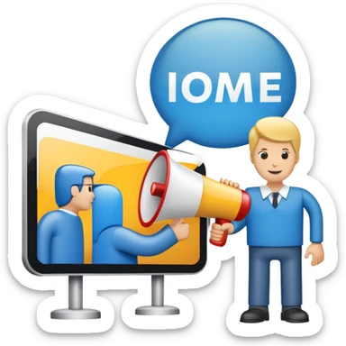 An icon featuring a megaphone, a billboard, and a handshake, symbolizing advertising and public relations. The design includes a speech bubble and media icons, representing communication and brand messaging. Transparent background highlights the influence of PR and marketing strategies. sticker