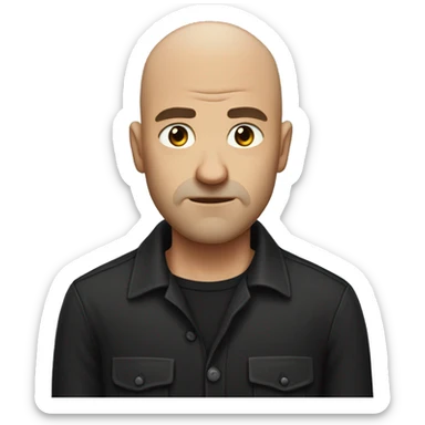 Bald man with strong jaw and a black button up shirt, pouting sticker