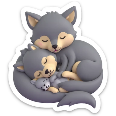 cute baby wolf sleeping with a little wolf stuffed animal sticker