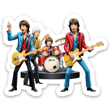 Icon for Rock Music: The Rolling Stones live on stage with Mick Jagger performing vocals, Keith Richards playing guitar, and Charlie Watts on drums. Iconic stage lights, electric guitars, and energetic crowd. Transparent background. sticker