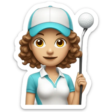 female with brown wavy hair dressed in golfwear with golf club and golf ball sticker