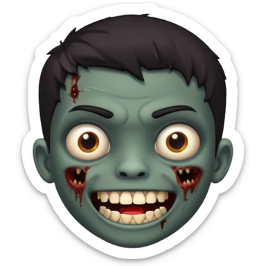 Make a boy zombie dark skin and short black 4c hair, showing a grilz teeth sticker