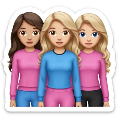 Three women, brown eyed light skin with dark blonde long hair and Brown eyed light skin black long wavy hair and blue eyed light skin long blonde hair wearing cute pink outfits sticker