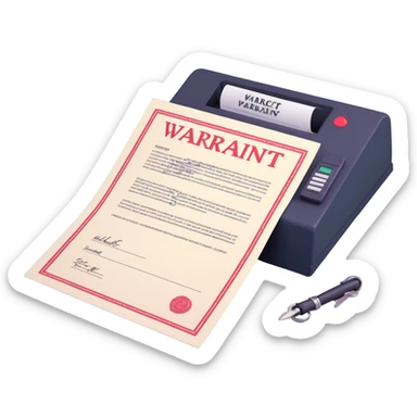 Make the paper of the 3D arrest warrant document icon more white, keeping the large 'WARRANT' at the top, body text, signature, and official stamp at the bottom. Maintain the previous 3D and icon-like style with bright lighting and transparent background. sticker