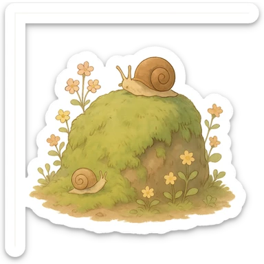 mossy rock with snails and small flowers in earthy pastel colors, ghibli style sticker
