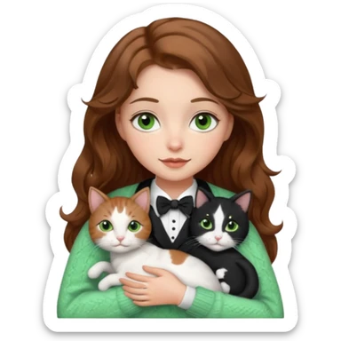 A pretty white girl with hazel brown eyes and brown wavy hair in a cosy white knit sweater, hugging a black and whitebtuxedo cat with green eyes sticker