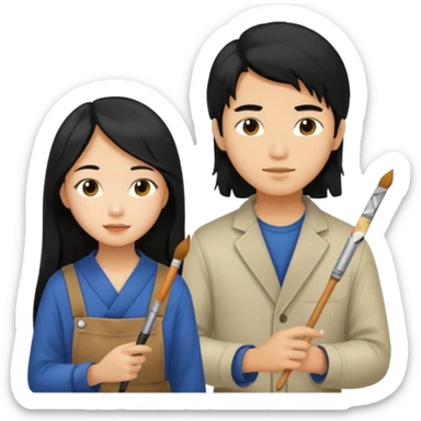 Asian boy with long hair  and girl painters sticker