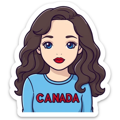 Female Dark brown wavy long hair pale skin light crystal blue eyes red lipstick wearing a long sleeve top that says the word Canada on the front  sticker