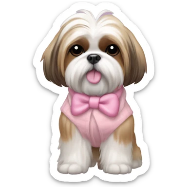 Shih tzu with tan and white fur with ponytail on top of head in pink bow and pink sweater sticker