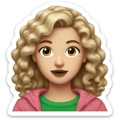 White girl with brown long curled hair and green eyes and a pink sweater with big red lips  sticker