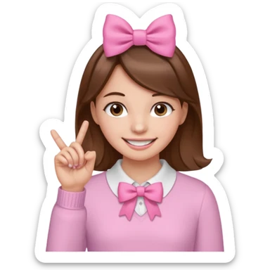 Chica con pelo marron sonriendo con un lazo rosa en la cabeza y con la punta del dedo indice entre los dientes con delicadeza y la otra mano que no salga en el emoji sticker